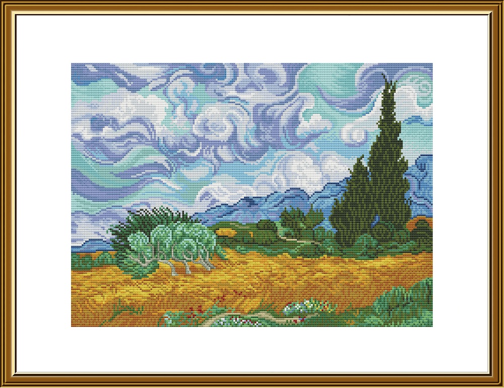 HB3120 Wheat field with cypress trees